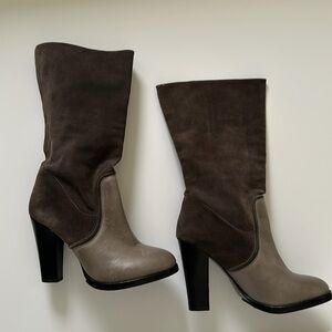 Elaine Turner Leather/Suede 4” High Heeled Boots Slouchy, Retro, Gray Round Toe